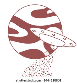 Vector illustration with UFO, planet. Space exploration. Ufo flying spaceship. World UFO Day. Flying saucer.