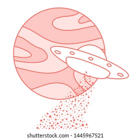 Vector illustration with UFO, planet. Space exploration. Ufo flying spaceship. World UFO Day. Flying saucer.