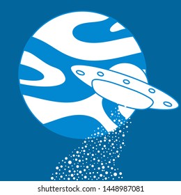 Vector illustration with UFO, planet. Space exploration. Ufo flying spaceship. World UFO Day. Flying saucer.