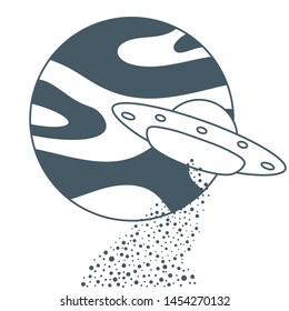 Vector illustration with UFO, planet. Space exploration. Ufo flying spaceship. World UFO Day. Flying saucer.