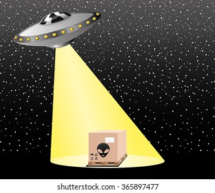 Vector illustration. UFO rays illuminate a large box.