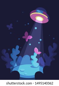 Vector illustration. UFO scans the spot with a beam, but finds nothing. Can be used for 404 error - page not found or as an illustration