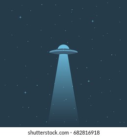 Vector Illustration. UFO In The Sky With The Stars. An Alien Spaceship With A Beam Of Light. The Icon.