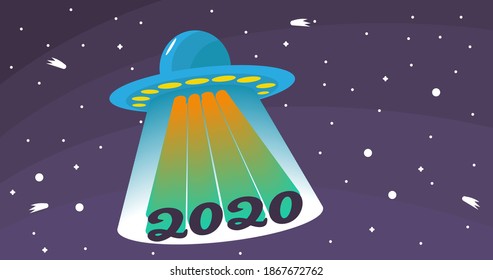 Vector illustration of ufo in the space getting away year 2020