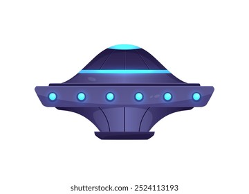 Vector illustration of a UFO space saucer with a bright blue glow on a white background. An alien ship in cartoon style for space travel in the universe