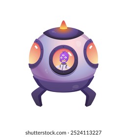 Vector illustration with a UFO space saucer and a cute smiling alien inside on a white background. The alien ship is perfect for fantasy themed games