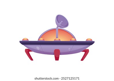 Vector illustration of a UFO spacecraft with an antenna standing on iron legs on a white background. It is ideal for games or decorations with a space alien theme.