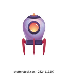 Vector illustration of a UFO spaceship with bright lights and a rocket engine on a white background. Alien ships to travel in space and explore the universe.