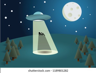 Vector illustration of UFO spaceship taking stickman guy from forest tree using their light with night sky stars and moon background 