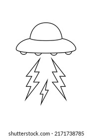 Vector illustration of an ufo throwing lightning, in black and white with border lines, isolated in a white background.