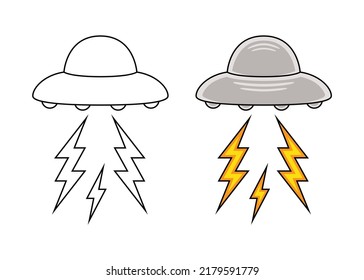 Vector illustration of an ufo throwing lightning, in color and black and white versions.