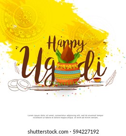 Vector Illustration Of Ugadi With decorated Kalash On Typographical Background.