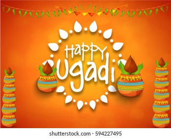 Vector Illustration Of Ugadi With decorated Kalash On Typographical Background.