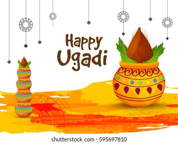 Vector Illustration Of Ugadi With decorated Kalash On Grungy Background.