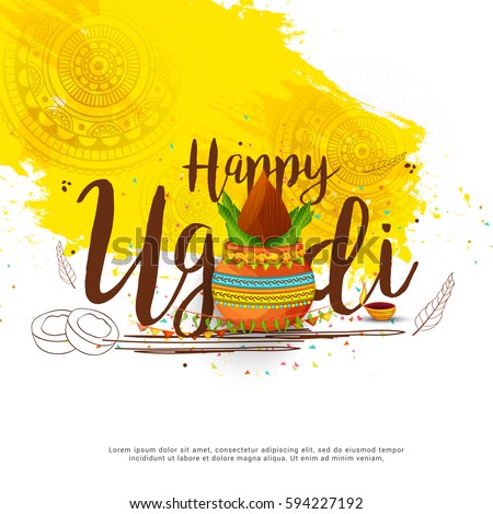 Vector Illustration Of Ugadi With decorated Kalash On Typographical Background.