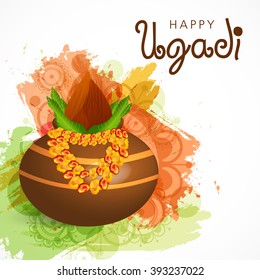 Vector illustration of  Ugadi Festival with Kalash on grungy background celebrated by Maharashtrians.