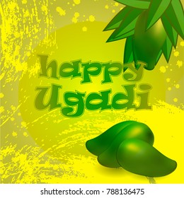 Vector illustration for Ugadi Holiday. Green background with juicy mango.
