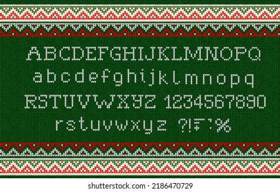 Vector Illustration Ugly Sweater Christmas Font: Scandinavian Style Knitted Letters And Pattern. Seamless Background. White, Red, Green Colors