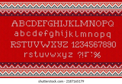 Vector illustration Ugly sweater Christmas Font: Scandinavian style knitted letters and pattern. Seamless background. White, Red, Blue colors