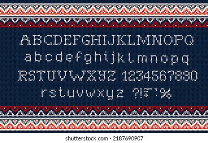 Vector illustration Ugly sweater Christmas Font: Scandinavian style knitted letters and pattern. Seamless background. White, Red, Blue colors