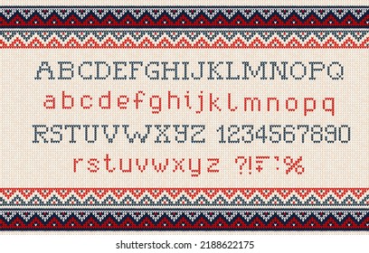 Vector illustration Ugly sweater Christmas Font: Scandinavian style knitted letters and pattern. Seamless background. White, Red, Blue colors