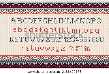 Vector illustration Ugly sweater Christmas Font: Scandinavian style knitted letters and pattern. Seamless background. White, Red, Blue colors