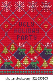 Vector Illustration of Ugly Sweater Party Greeting card for Design, Website, Background, Banner.
Christmas Flyer Template. Holiday Tacky Winter Poster.