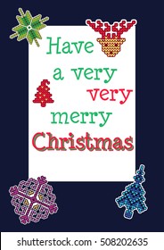 Vector Illustration of Ugly sweater Xmas Patches Greeting card for Design, Website, background, Banner. Merry Christmas Knitted Retro Stickers with Deer, snowflake bell, Christmas Tree Template