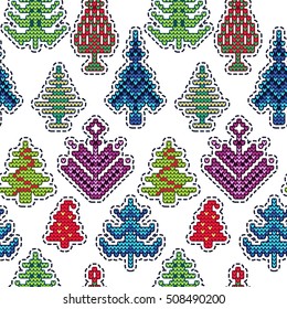 Vector Illustration of Ugly sweater Xmas Patches SEamless Pattern for Design, Website, background, Banner. Merry Christmas Knitted Retro Stickers with Deer, snowflake bell, Template