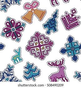 Vector Illustration of Ugly sweater Xmas Patches SEamless Pattern for Design, Website, background, Banner. Merry Christmas Knitted Retro Stickers with Deer, snowflake bell, Template