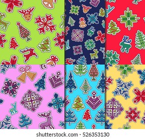 Vector Illustration of Ugly sweater Xmas Patches SEamless Pattern for Design, Website, background, Banner. Merry Christmas Knitted Retro Stickers with Deer, snowflake bell, Template