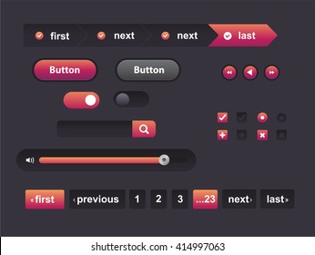 Vector Illustration of UI kit. Active button, non-activ button, check button, slider, search are, pagination, navigation menu