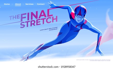 Vector illustration for UI or a landing page in speed skating theme of the female skate athlete is exiting the curve into the final stretch.