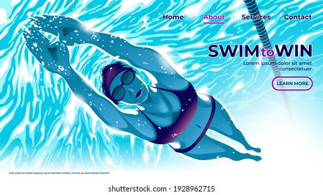 A vector illustration for UI or landing page of the female swimming athlete is diving underwater in the swimming pool with the determination eyes