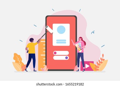 Vector Illustration, Ui UX design Concept, Showing people creates a custom design for a mobile application, Suitable for landing page, UI, web, App intro card, editorial, flyer,and banner