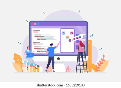 Vector Illustration, Ui UX design Concept, Showing people creates a custom design for a mobile application, Suitable for landing page, UI, web, App intro card, editorial, flyer,and banner