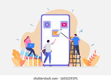 Vector Illustration, Ui UX design Concept, Showing people creates a custom design for a mobile application, Suitable for landing page, UI, web, App intro card, editorial, flyer,and banner