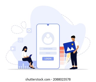 Vector Illustration, Ui UX design Concept, Showing people creates a custom design for a mobile application, Suitable for landing page, UI, web, App intro card, editorial, flyer, and banner