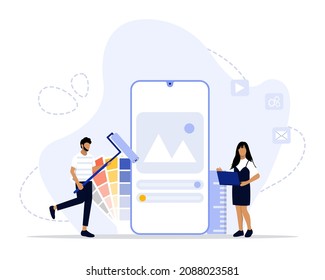 Vector Illustration, Ui UX design Concept, Showing people creates a custom design for a mobile application, Suitable for landing page, UI, web, App intro card, editorial, flyer, and banner