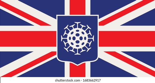 Vector illustration of the UK flag with a Covid-19 virus cell. Banner on the theme of coronavirus infection and the epidemic in Great Britain. Novel 2019-ncov outbreak. A global pandemic