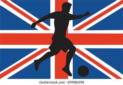 Vector illustration of the UK flag with a silhouette of a soccer player with a ball