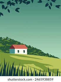 Ilustración vectorial. Ucrania, granja. Diseño para póster, Anuncio, postal. Diseño moderno, estilo de dibujos animados. Aldea, campo, bosque, casa.