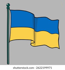 Vector illustration of the Ukraine flag with two horizontal stripes blue on top and yellow below waving on a flagpole. A symbol of peace and the country's fertile land