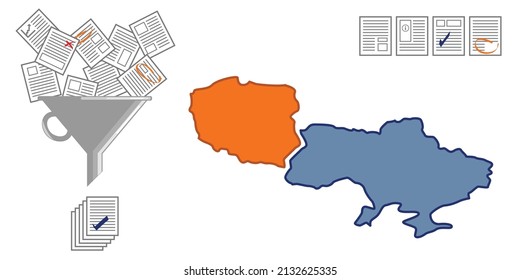 ilustración vectorial de Ucrania y Polonia y documentos para problemas de aplicación de migrantes