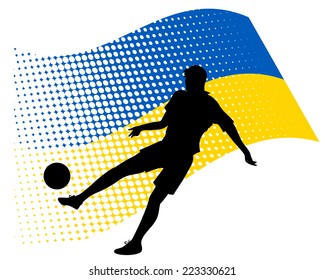 vector illustration of ukraine soccer player silhouette against national flag isolated on white
