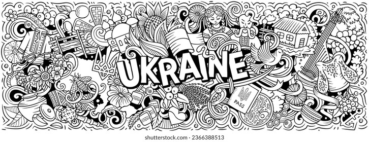 Vector illustration with Ukraine theme doodles. Vibrant and eye-catching banner design, capturing the essence of Ukrainian culture and traditions through playful cartoon symbols