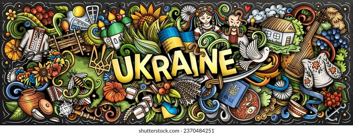 Vector illustration with Ukraine theme doodles. Vibrant and eye-catching banner design, capturing the essence of Ukrainian culture and traditions through playful cartoon symbols