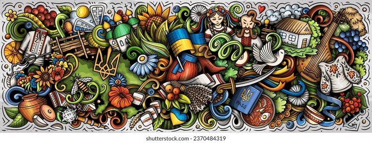 Vector illustration with Ukraine theme doodles. Vibrant and eye-catching banner design, capturing the essence of Ukrainian culture and traditions through playful cartoon symbols