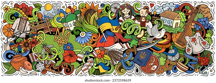 Vector illustration with Ukraine theme doodles. Vibrant and eye-catching banner design, capturing the essence of Ukrainian culture and traditions through playful cartoon symbols