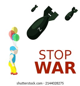 Vektorgrafik. Ukrainischer Junge unter feindlichen Bomben der Russischen Föderation, der ihn anfliegt, und die Inschrift stoppt den Krieg auf weißem Hintergrund. Banner gegen Krieg in der Ukraine